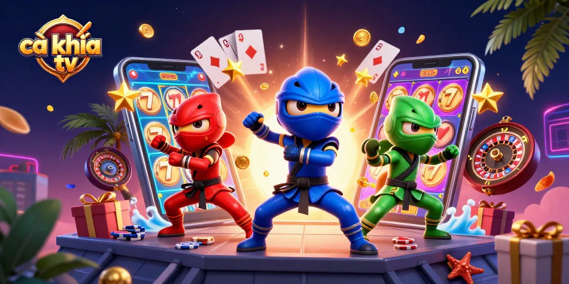 Experience the excitement of cà khịa tv with a vibrant 3D illustration of chameleons and casino games.
