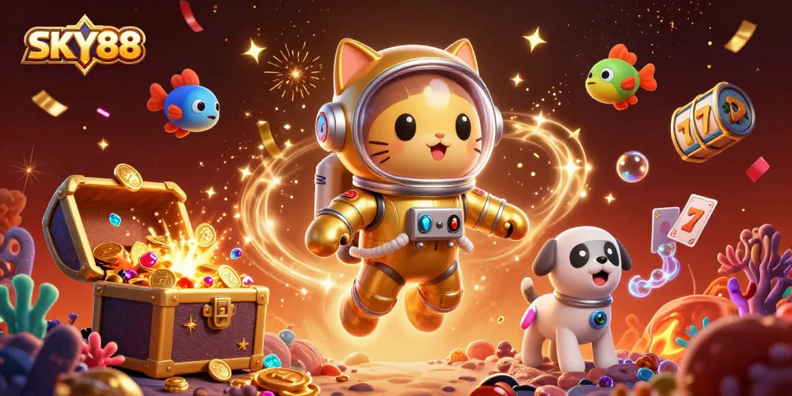 Join the action at SKY88 with a vibrant 3D casino scene featuring a golden astronaut cat and treasures.