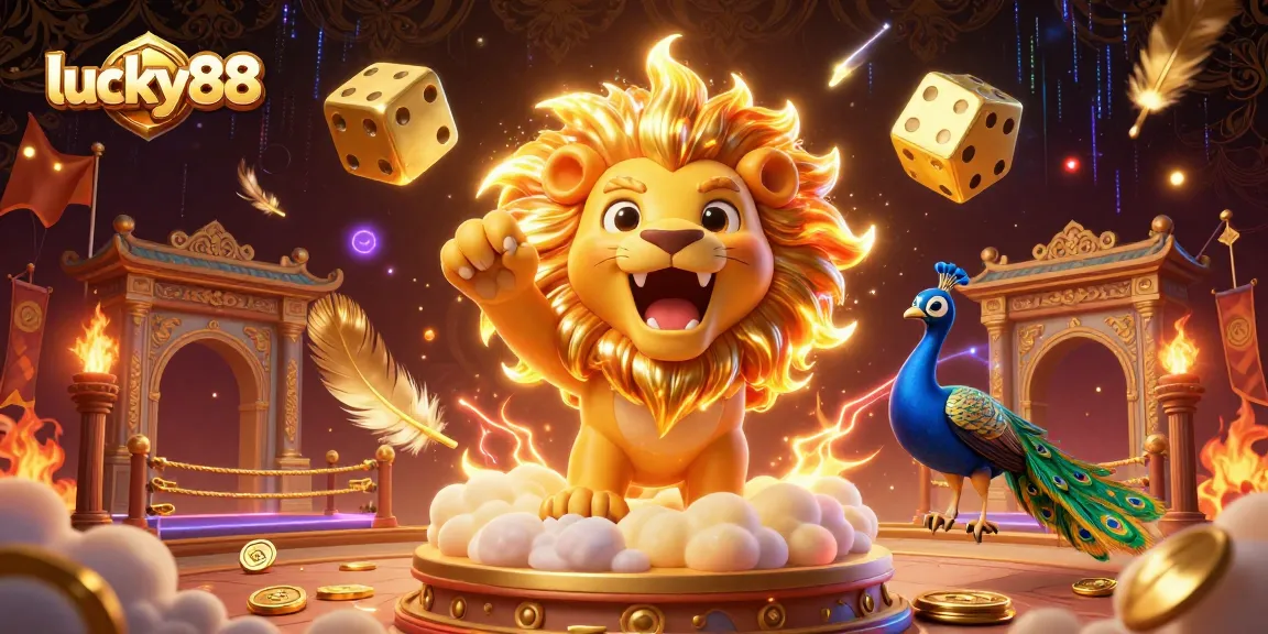 Experience thrilling gameplay at lucky88 with a majestic lion and dazzling dice in a 3D casino scene.