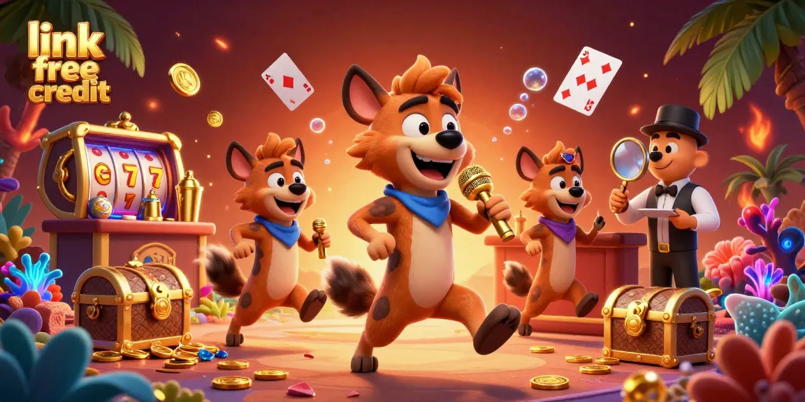 Enjoy link free credit at a vibrant comedy casino illustrated with hyenas performing, mixing drinks, and checking IDs.