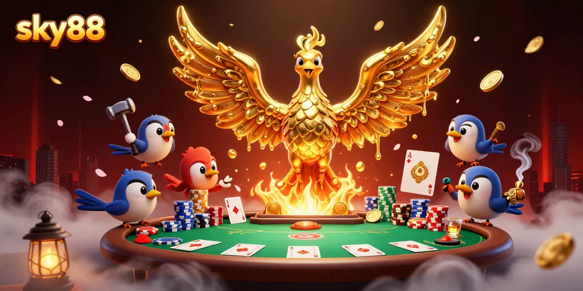 Experience captivating gameplay with sky88's golden phoenix rewarding players with coins amidst poker excitement.