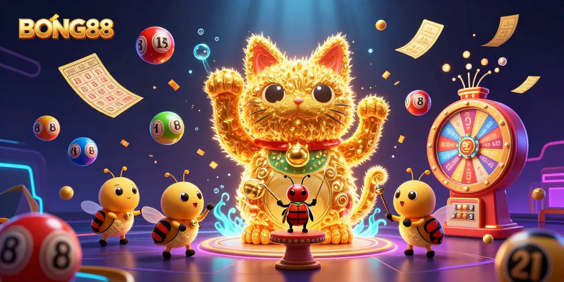 BONG88 celebrates winnings with a vibrant, engaging 3D illustration showcasing dynamic casino symbols and colorful elements.
