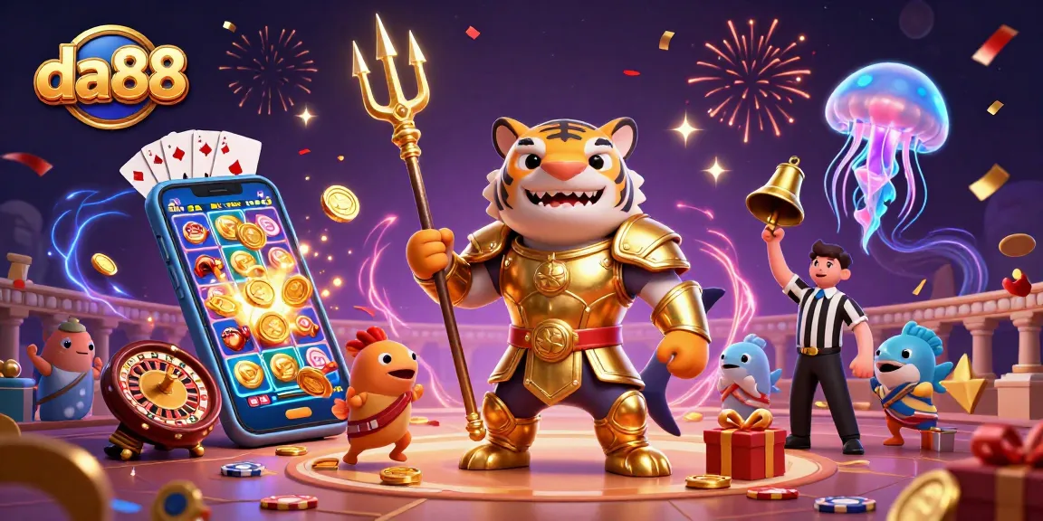 Experience the excitement of da88 with a vibrant underwater casino illustration showcasing fierce gaming elements.