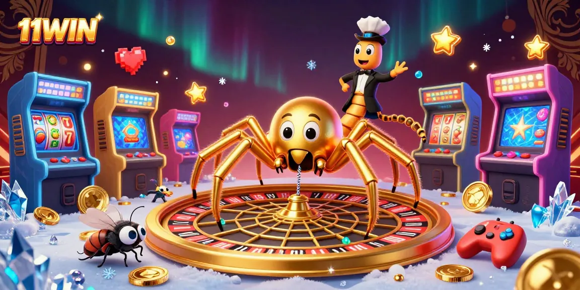 Engage with thrilling games at 11WIN as a golden spider spins a vibrant roulette wheel.