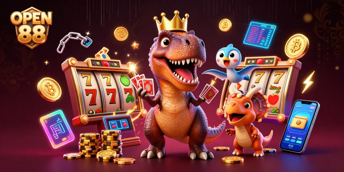 Engage with the thrilling world of OPEN 88 featuring lively dinosaur characters in a neon casino.