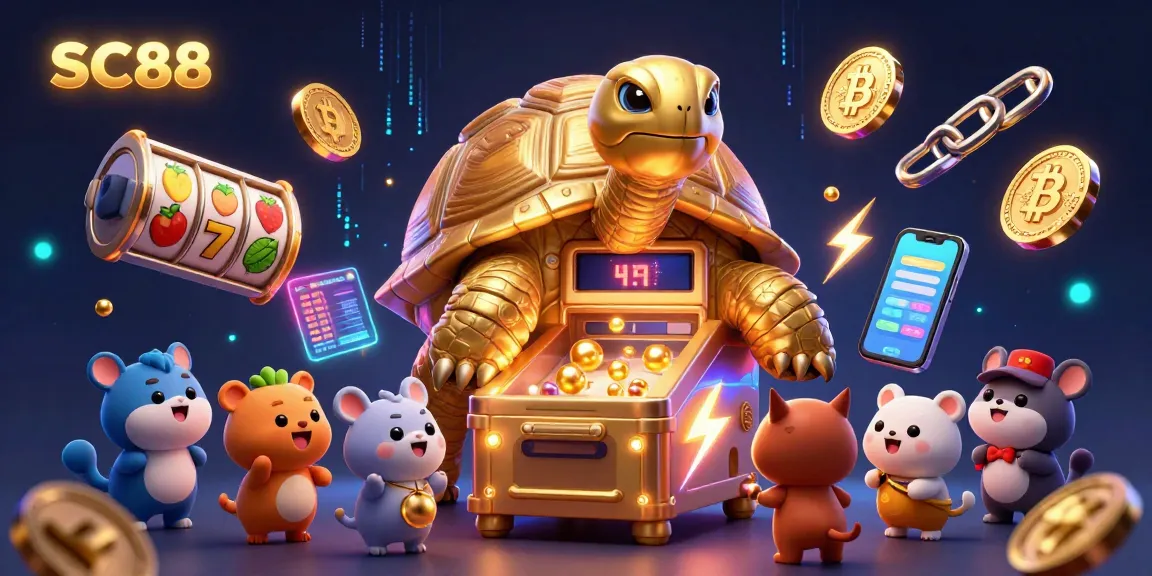 Play at SC88’s casino with a colossal tortoise pinball machine and vibrant slot symbols!
