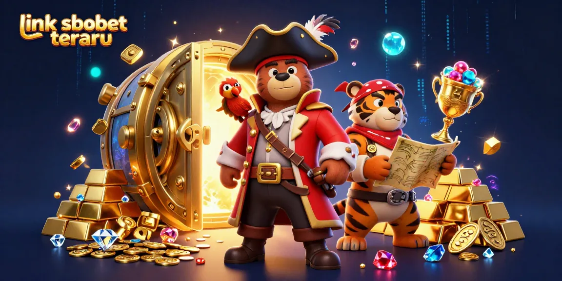 Engaging scene with link sbobet terbaru featuring a pirate bear, tiger, and treasure map amidst gold and gems.