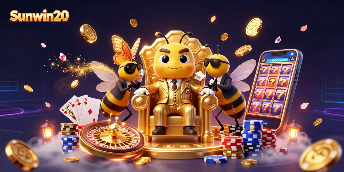 Experience thrilling slots with Sunwin20's captivating casino illustration, featuring 3D characters and dynamic game elements.