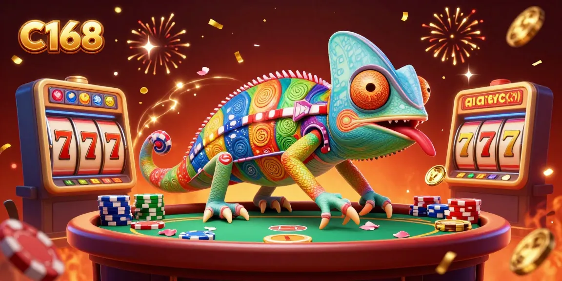 C168 captivates players with a colorful illustration of a chameleon casino owner snatching golden coins in a vibrant gaming scene.