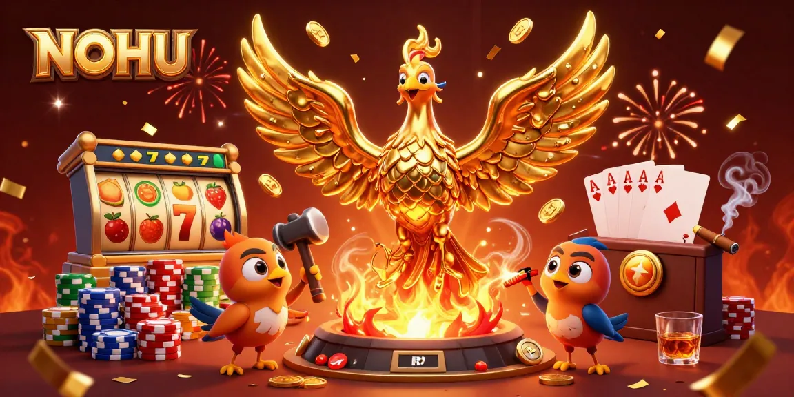 Experience the excitement of NOHU slots with golden phoenix, jackpots, and vibrant casino elements.