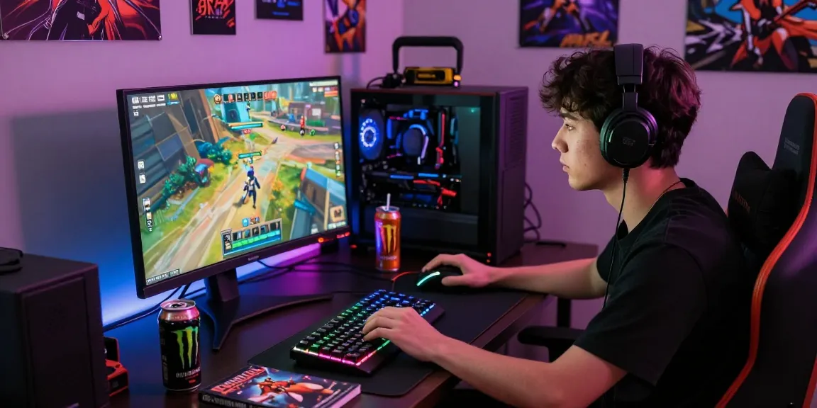 Gegeslot dalam lingkungan permainan dinamis dengan gamer fokus di depan monitor.