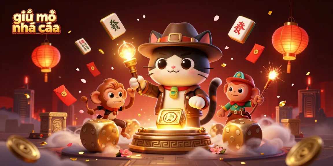 Engage in the world of giải mã nhà cái with a cartoon cat discovering ancient casino artifacts amidst rich gambling elements.