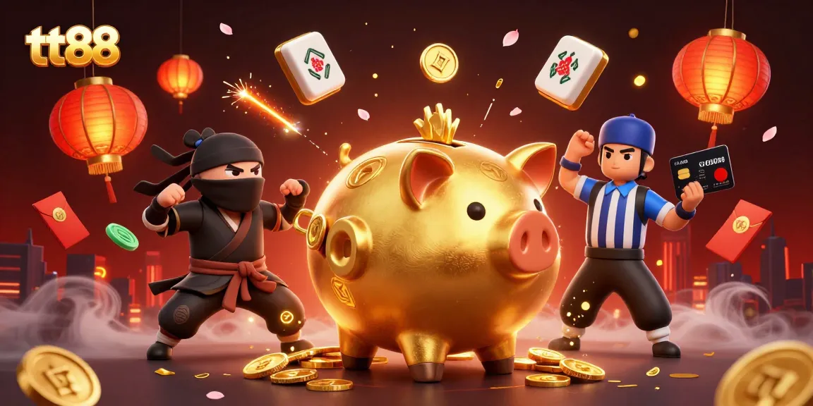 Witness the exciting gameplay at tt88 with a golden sumo wrestler shaking coins in this vibrant casino scene.
