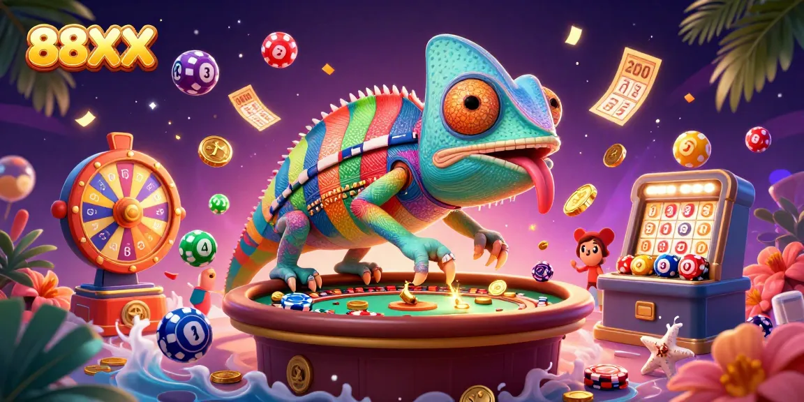 Experience the vibrant excitement of 88XX casino games with a lively chameleon owner and dynamic lottery elements.