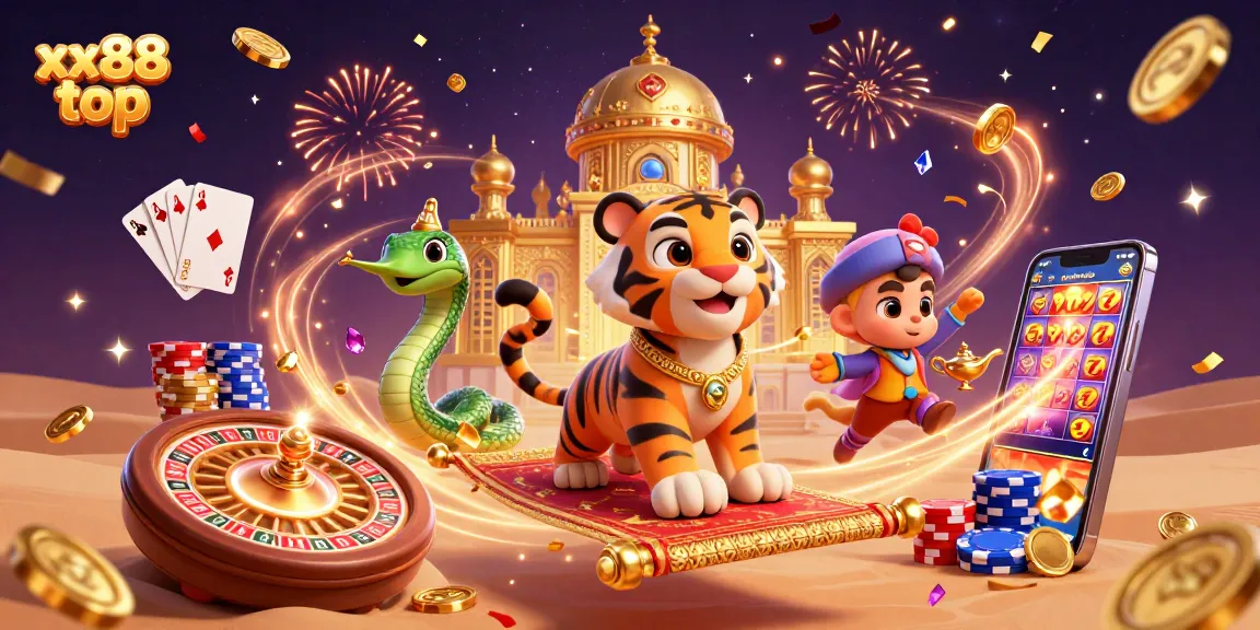 Experience the magic of xx88 top with a vibrant 3D casino adventure illustration filled with animated elements.