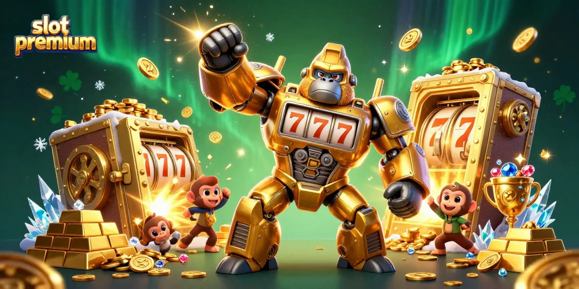 Engage with slot premium adventures through a dynamic scene of a golden gorilla mech bursting with winnings and treasures.