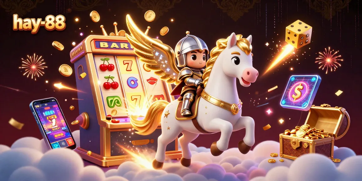 Experience thrilling gameplay at hay-88 with a dynamic 3D illustration of casino action featuring colorful slot machines and a whimsical knight.
