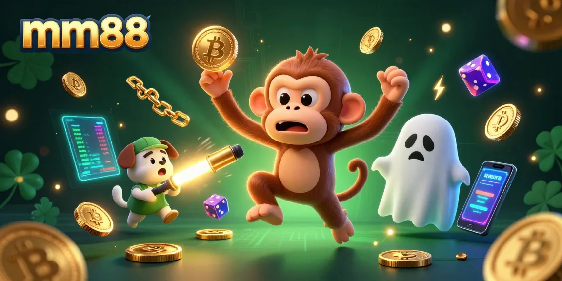 Win big at mm88 with a thrilling 3D illustration of a mischievous monkey juggling golden objects in a lively casino.