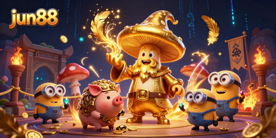 Experience the magic of jun88 with a vibrant 3D scene of golden treasures and casino excitement.