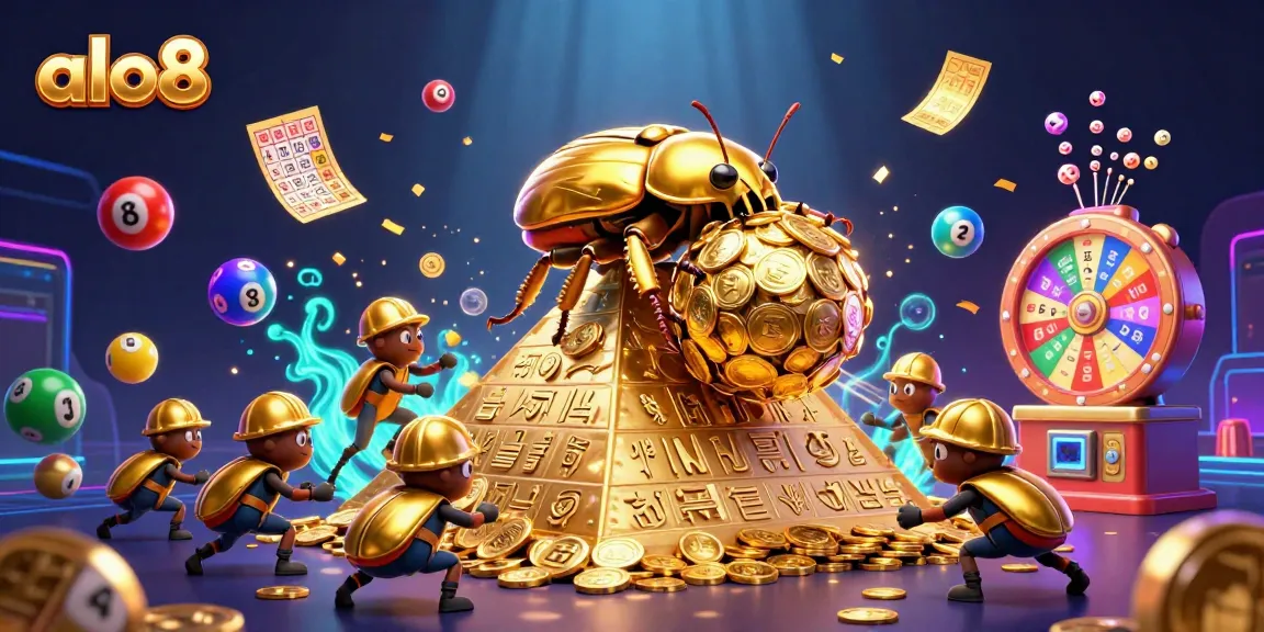 Discover winning moments with alo8 as the golden beetle rolls with coins and lottery elements