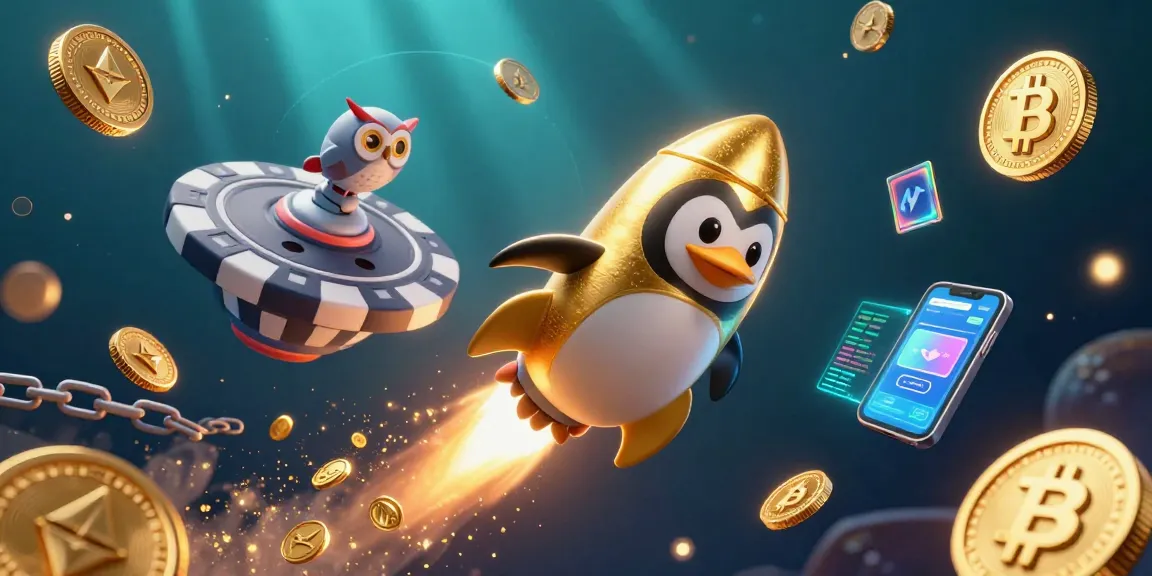 Experience thrilling luck at 11WIN with a cartoon penguin rocket soaring through a vibrant crypto casino.