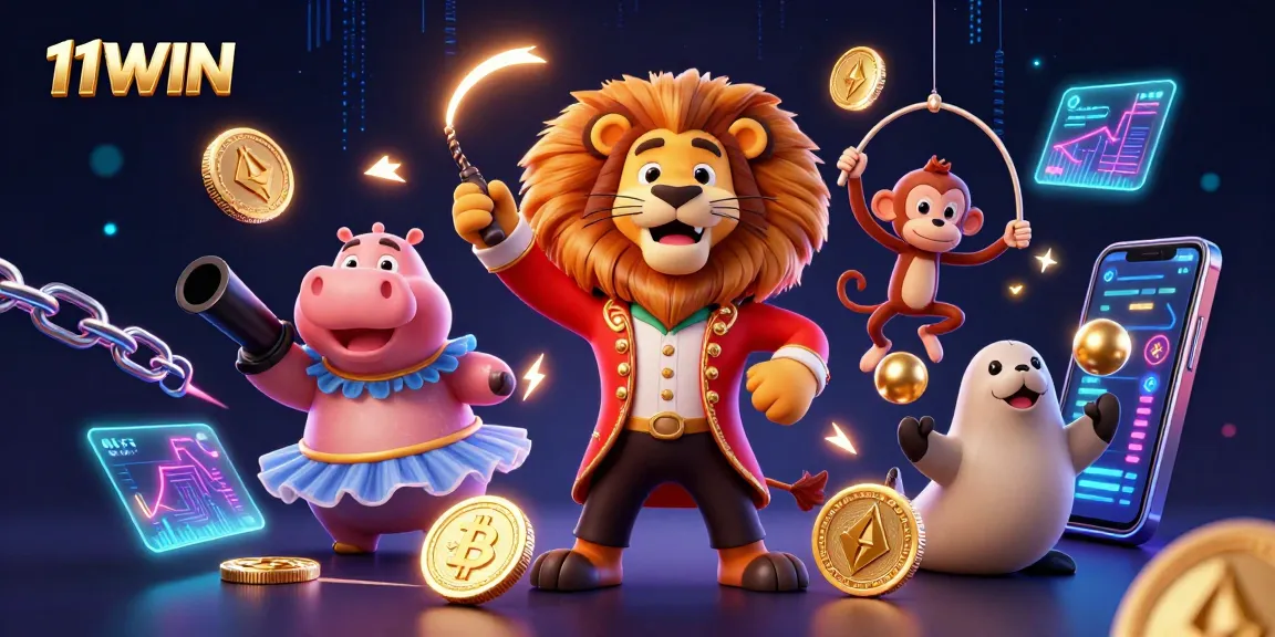 Experience the excitement of 11WIN with vibrant circus characters and cryptocurrency elements.