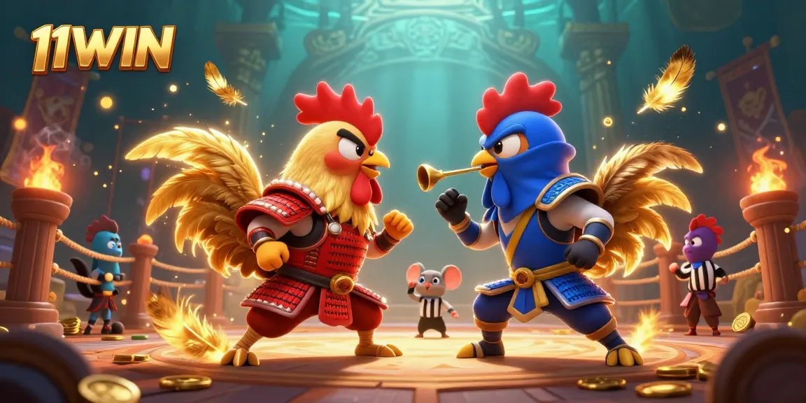 Engage in exciting cockfighting action at 11WIN with dynamic roosters and golden betting elements.