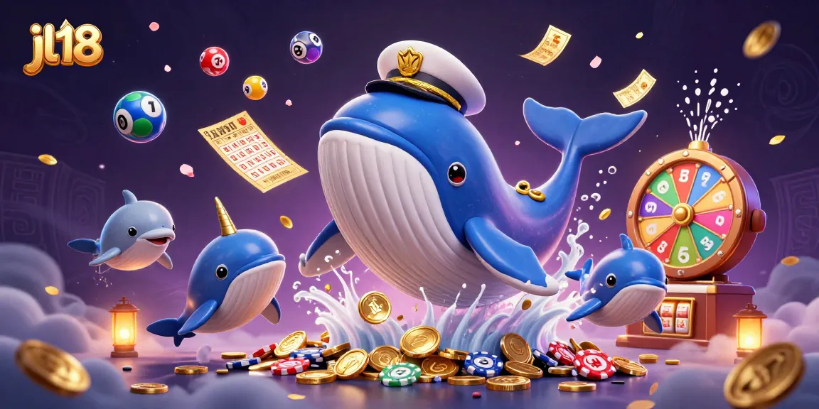 jl18 promotes online gaming excitement with a whale and friends amidst coins and prizes.