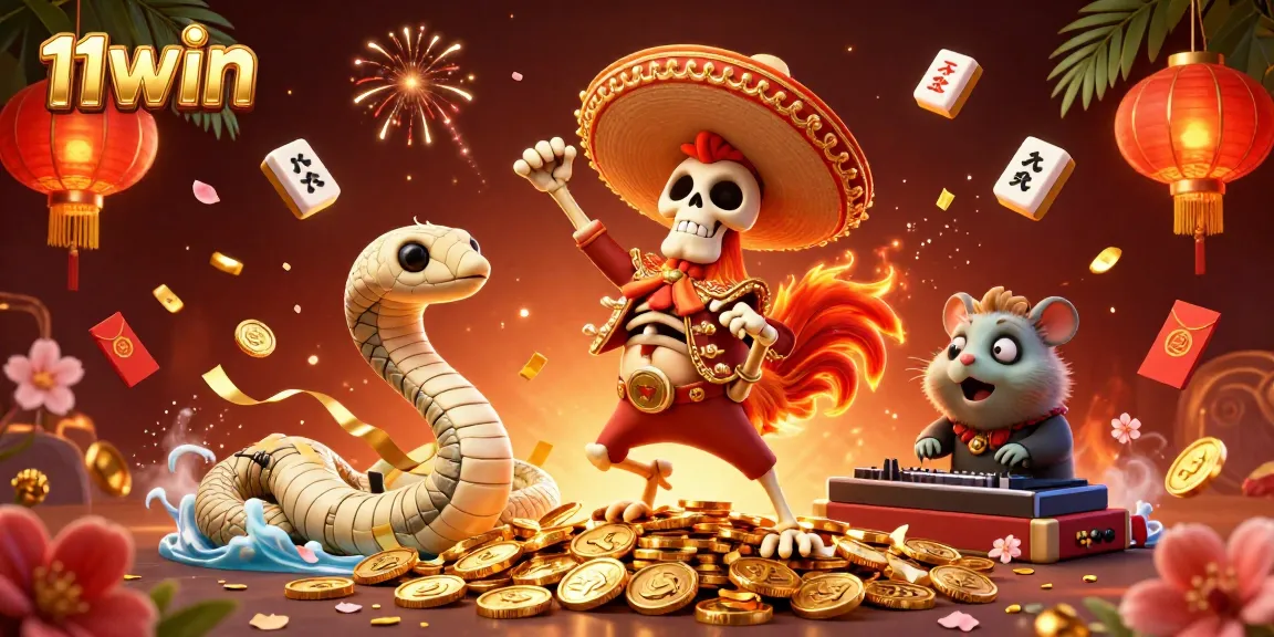 Experience the vibrant celebration of 11WIN with dynamic characters and casino elements in this 3D illustration.