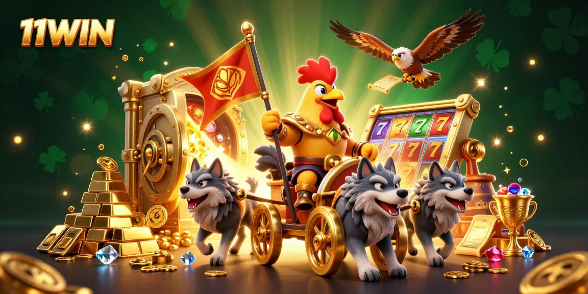 Unleash epic wins at 11WIN with a rooster warlord navigating treasures and slot games.