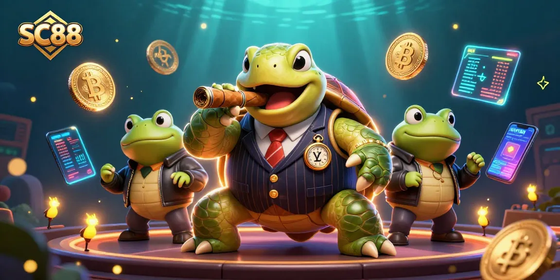 SC88 casino scene with a snapping turtle mobster, bullfrog enforcers, and crypto elements