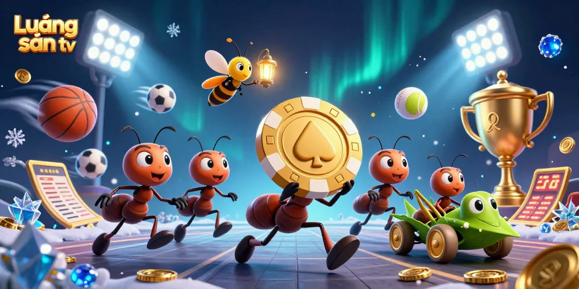 Lương sơn tv captures dynamic sports betting action with cartoon ants, vibrant sports elements, and a unique heist theme
