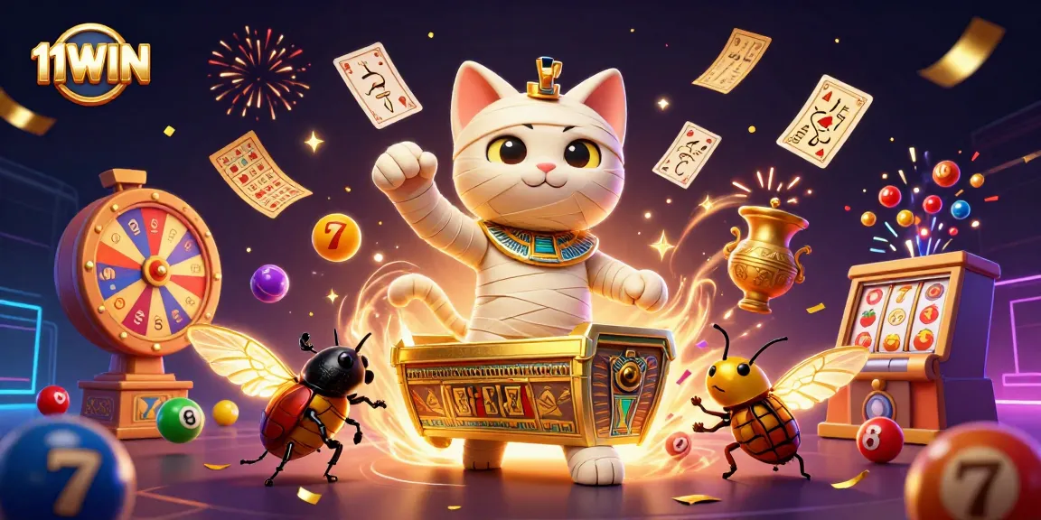 Experience the excitement of 11WIN with a dynamic scene featuring a pyramid casino, colorful lottery balls, and a golden mummy cat.