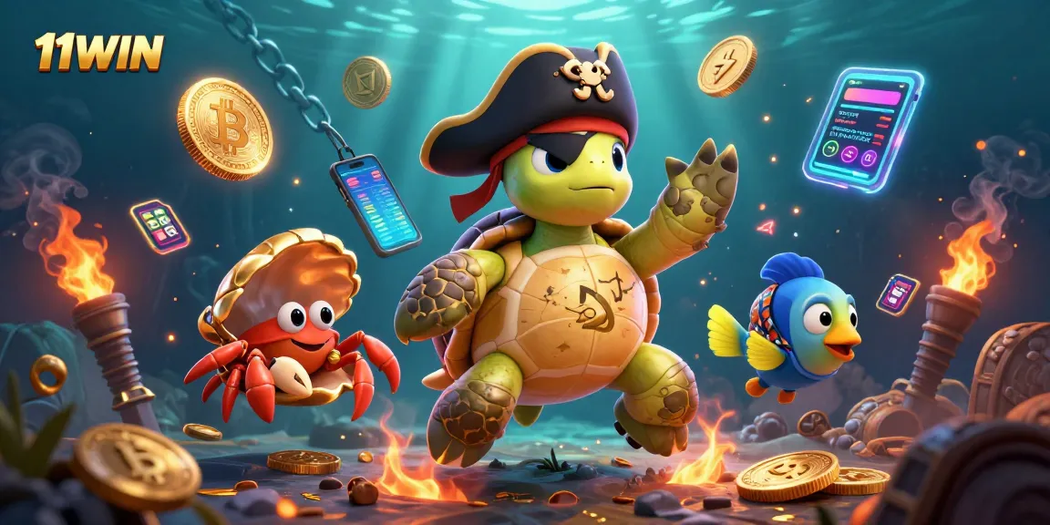 Experience the thrill of 11WIN in this vibrant underwater casino scene featuring playful sea characters.