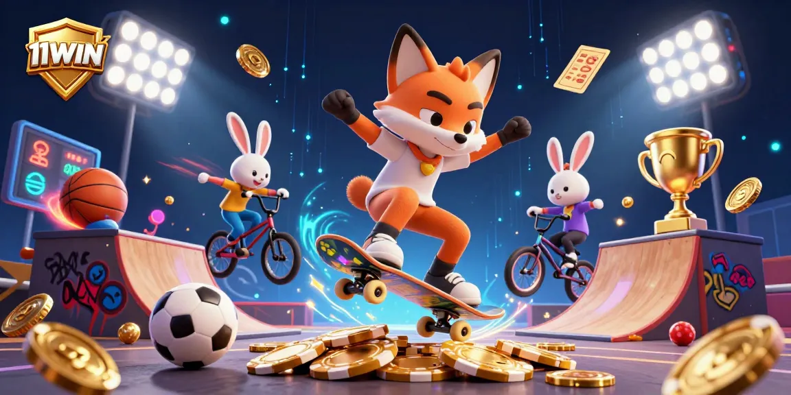 11WIN celebrates wins with dynamic 3D casino action featuring a skateboarder fox and BMX rabbit.