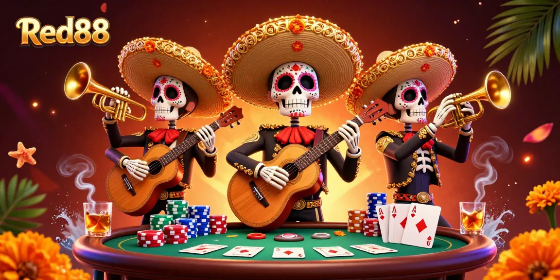 Engage with Red88's vibrant gaming atmosphere featuring colorful mariachi skeletons and poker action.